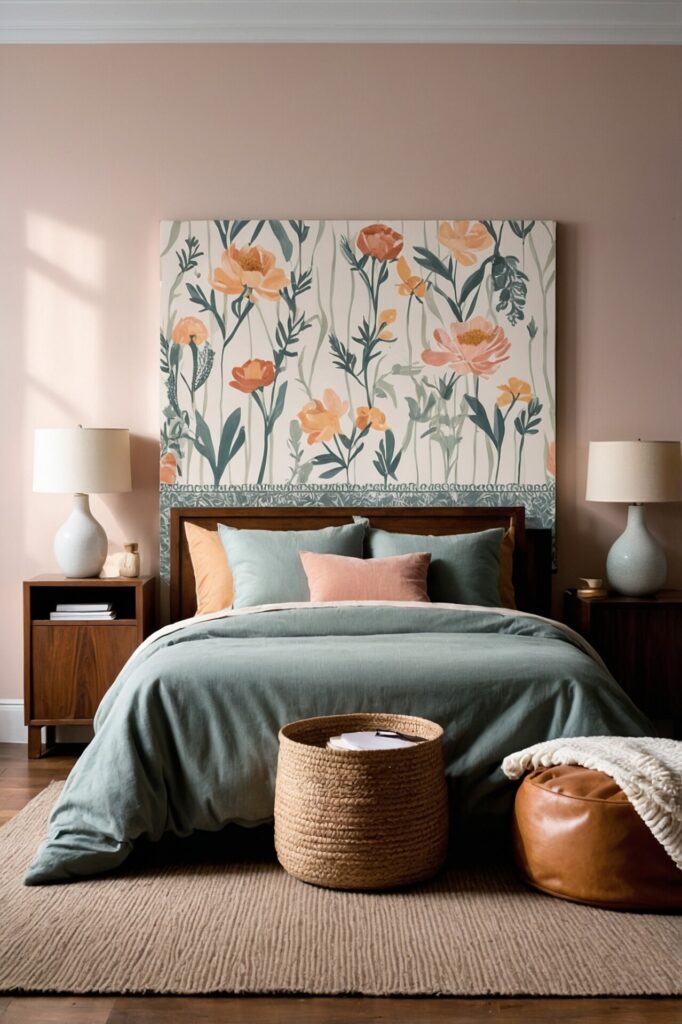 A wallpaper headboard with a delicate floral pattern in soft pastel colors, applied directly on the bottom half of the wall behind a bed, framed with simple wooden molding, in a cozy bedroom with vintage-inspired decor and light, airy fabrics, natural sunlight streaming through a nearby window, creating a serene and inviting atmosphere