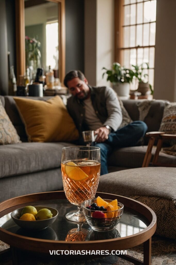 A man relaxes on a sofa in a cozy living room, while a drink with citrus and a bowl of fresh fruit sit on a coffee table, creating a scene ready for a quick cleanup after a casual gathering.