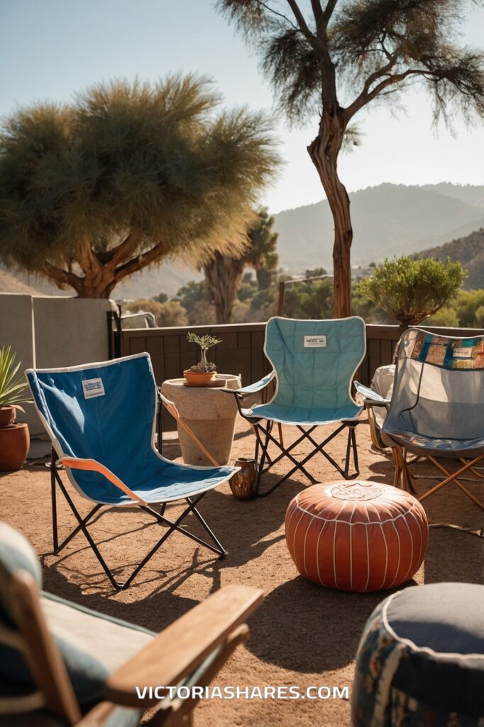 Outdoor gathering space with a relaxed setup of foldable chairs and poufs under the shade of trees, promoting a "Bring Your Own Chair" (BYOC) policy for casual entertaining.