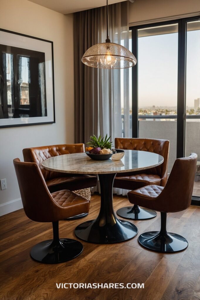 A small dining area with a round marble-top table and four brown leather swivel chairs is illuminated by a stylish pendant light, creating a cozy and elegant space for small apartment living.