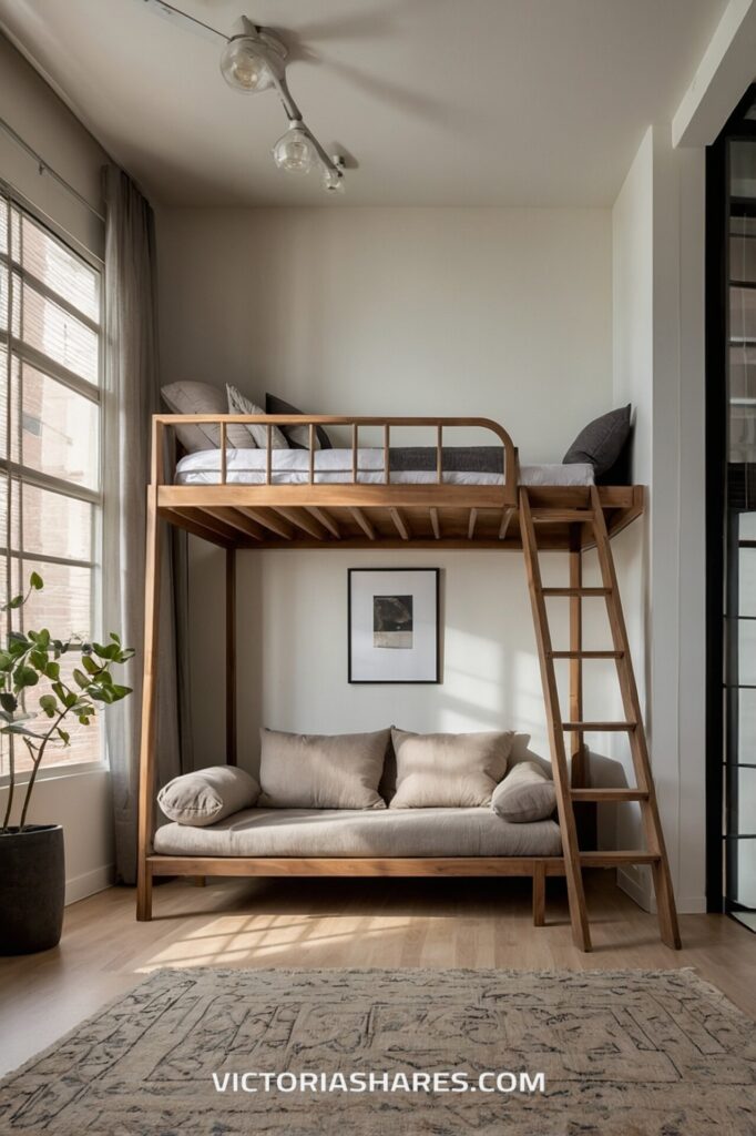 A wooden loft bed with a ladder sits above a comfortable beige couch in a bright, minimalist room, providing a functional and space-efficient design perfect for maximizing living areas in small apartments.