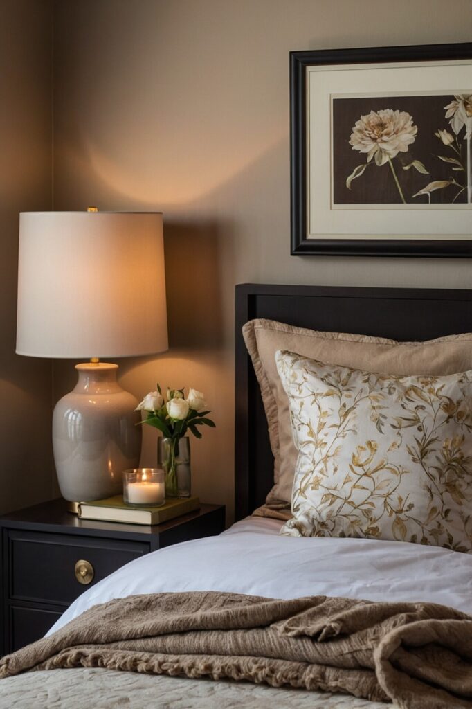 A cozy guest bedroom featuring personal decorative touches, such as framed artwork on the walls and a curated collection of photographs, a small bookshelf filled with a variety of books, a vase with fresh flowers on a bedside table next to a softly glowing aromatic candle, soft neutral tones and warm lighting create a welcoming ambiance