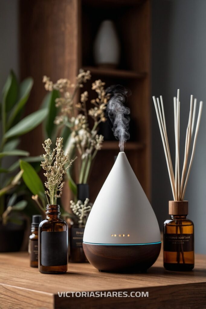 Aromatic setup in a small space spa featuring an essential oil diffuser, reed diffuser, and dried botanicals on a wooden surface.