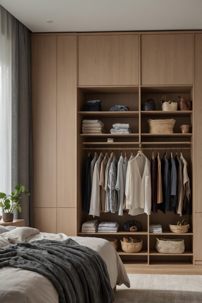 A modern and neatly organized bedroom featuring a built-in wooden wardrobe with open shelves and hanging space. The wardrobe displays folded clothes, woven baskets, and neatly arranged hangers with various clothing items. A bed with white bedding and a grey throw blanket sits nearby, and a small potted plant adds a touch of greenery to the calm and minimalist room decor.