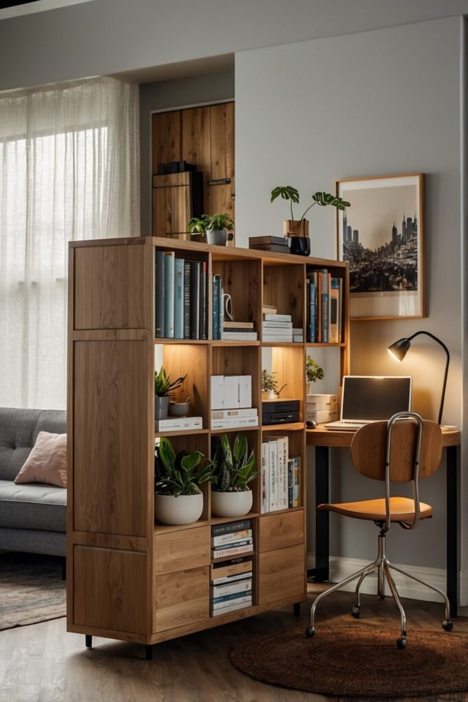 A modern living room corner featuring a multifunctional wooden shelving unit that serves as a room divider and storage. The shelving unit is filled with a mix of books, decorative items, and small potted plants, creating a cozy and organized atmosphere. Behind the shelf, a small workspace is set up with a wooden desk, a metal-framed chair, and a laptop, illuminated by a sleek black desk lamp. A framed cityscape photo hangs on the wall above the desk. To the left, a glimpse of a gray sofa with a pink throw pillow is visible near a large window with sheer white curtains, allowing natural light to softly filter into the room.

