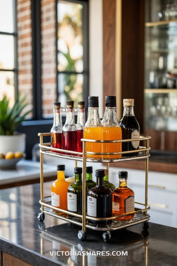 A small gold rolling cart with various colorful drink bottles neatly arranged on two levels, sitting on a kitchen island in a cozy, sunlit kitchen.