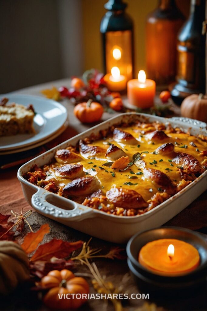 Autumn-inspired table setting with a cheesy baked dish, pumpkins, candles, and rustic decor, creating a cozy, festive atmosphere. Seasonal Entertaining Ideas for Small Apartments