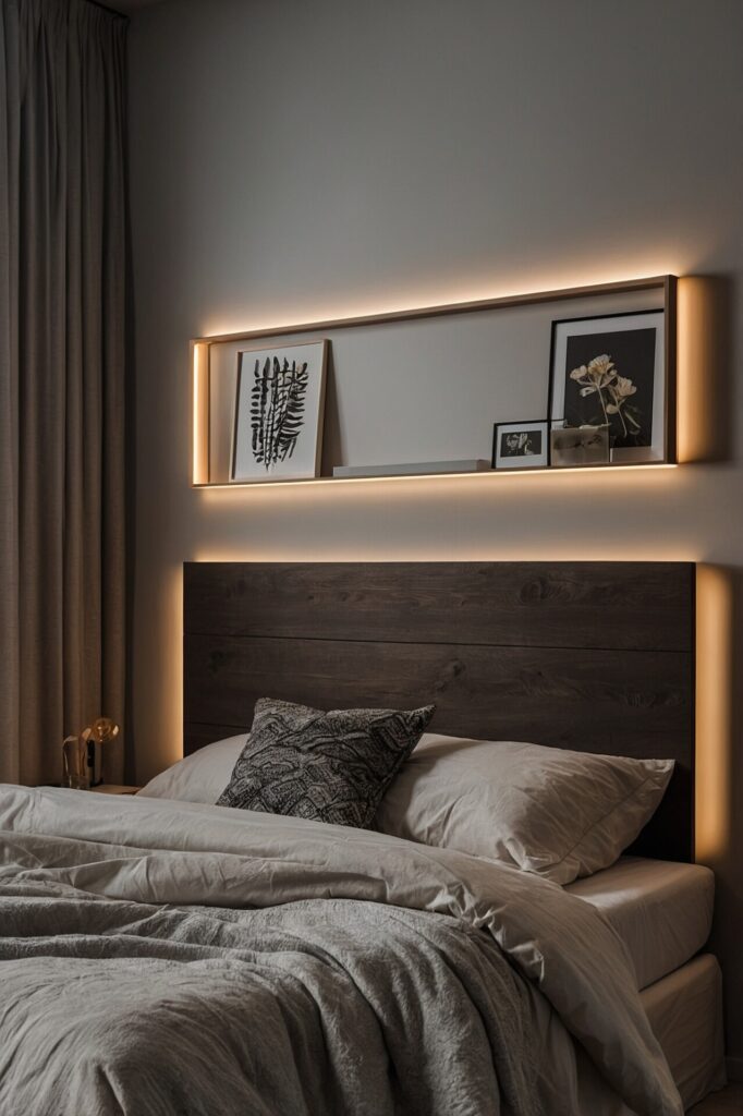 A minimalist floating headboard made from dark painted wood, mounted directly on a light-colored wall, with integrated soft LED strip lighting that casts a warm glow, creating a sleek and modern aesthetic in a small contemporary bedroom with neutral decor, enhancing the sense of space and style, realistic interior photography