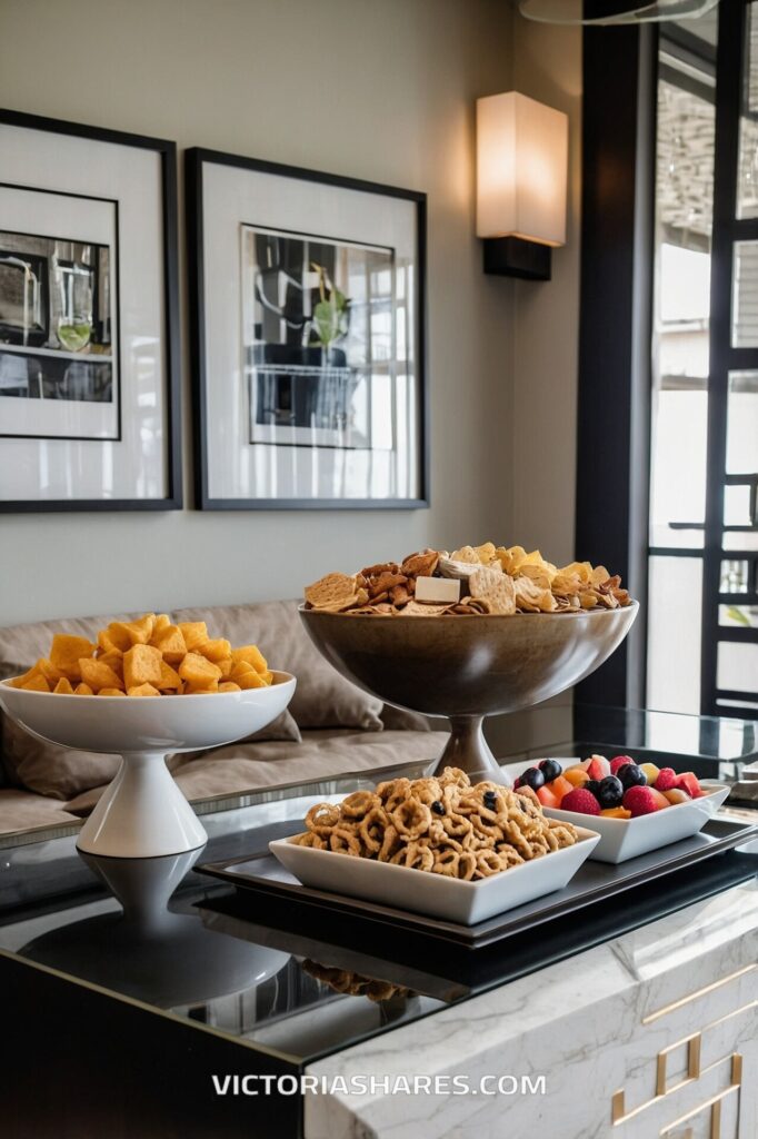 A coffee table with various snacks, including chips, pretzels, and fresh berries, displayed in decorative bowls in a modern living room. Quick Cleanup Tips.