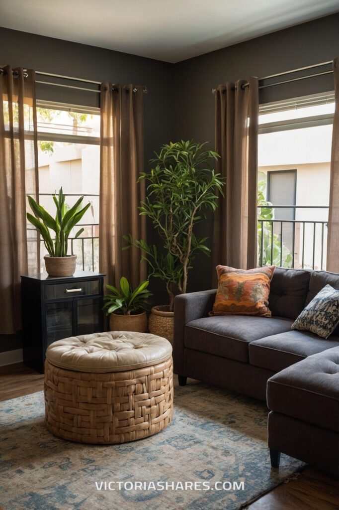 A bright, small apartment living room with plants, a cozy gray sectional, an ottoman, and soft natural light filtering through the windows.