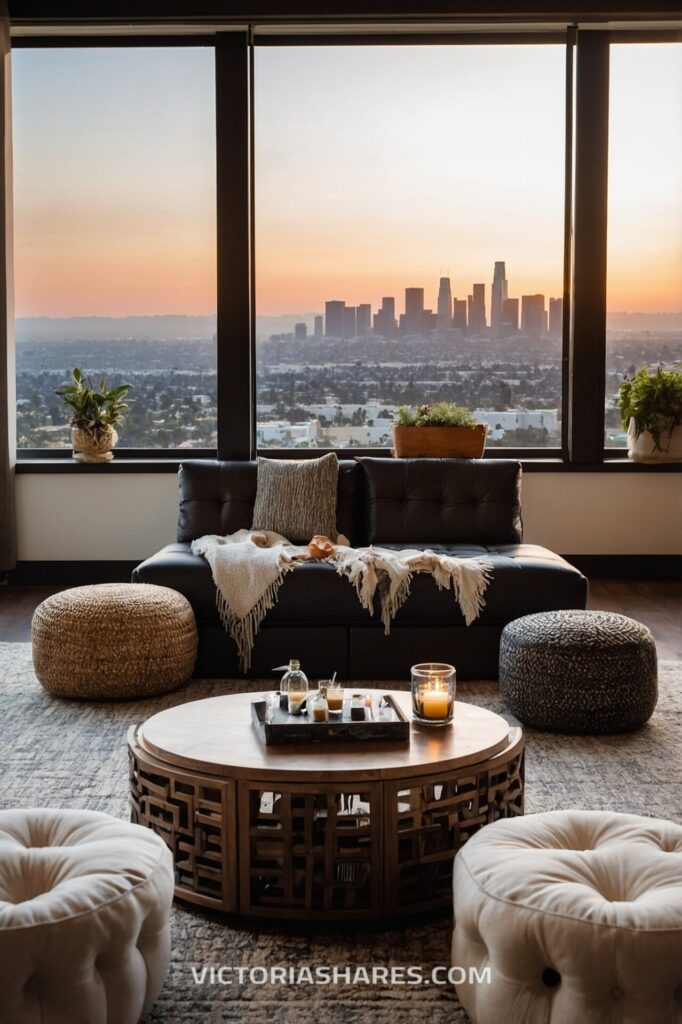 Cozy living room with a leather sofa, round coffee table, and poufs, offering a stunning sunset view of the Los Angeles skyline through large windows.