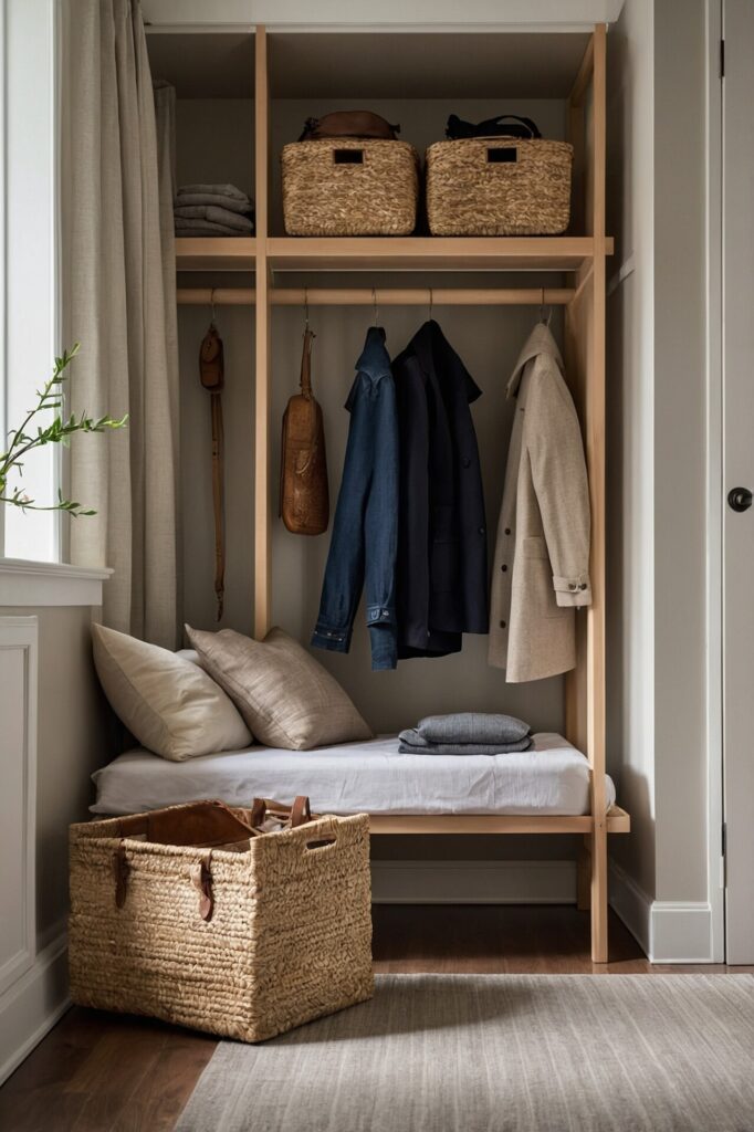 An inviting guest room equipped with thoughtful storage solutions, featuring a compact dresser for easy organization, a closet with multiple hangers, a luggage rack for convenience, and stylish woven baskets tucked under a bench for additional storage, the room has a clean, minimalist aesthetic with light, neutral tones, ensuring a comfortable and clutter-free stay for guests