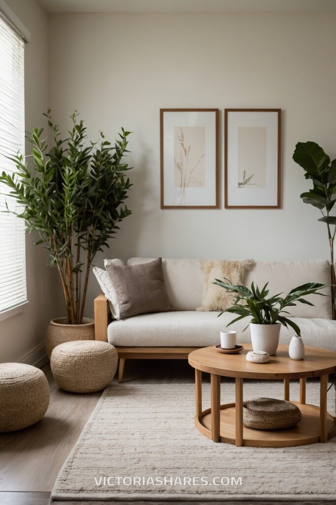 Minimalist small space spa lounge with a cozy sofa, indoor plants, textured poufs, and a wooden coffee table with simple decor accents.