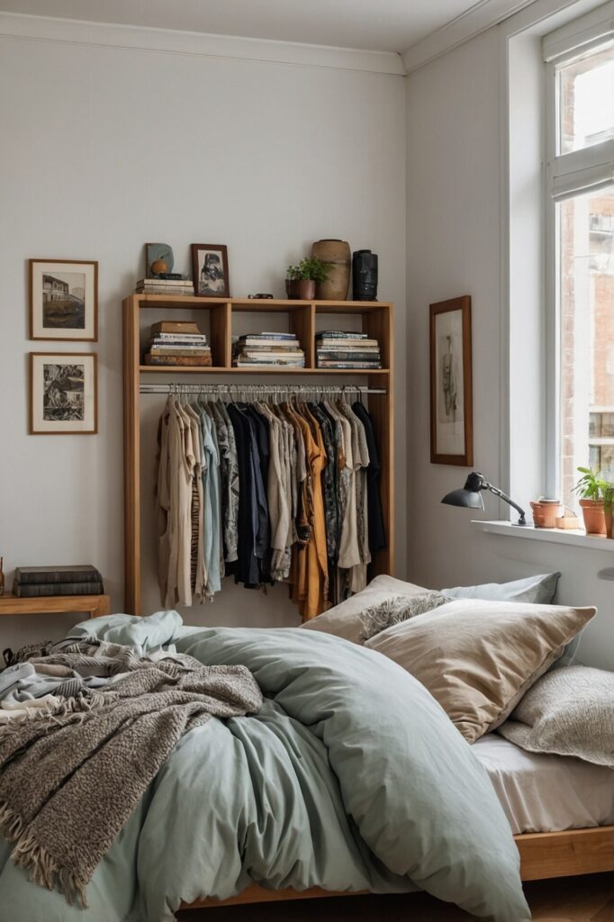 Cozy and eclectic bedroom with a soft green bedspread and plush pillows on a neatly made bed. Above the bed, a wooden shelving unit displays a mix of books, potted plants, and framed photos, while a clothing rack underneath holds an assortment of hanging garments in neutral tones. The room is accented with framed artwork on the walls and small potted plants on the windowsill, creating a warm and personalized space.