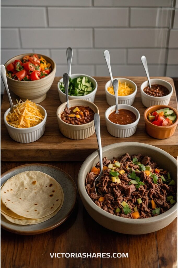 A spread of taco ingredients including shredded beef, tortillas, cheeses, salsas, and vegetables neatly arranged in bowls on a wooden surface in a small kitchen.