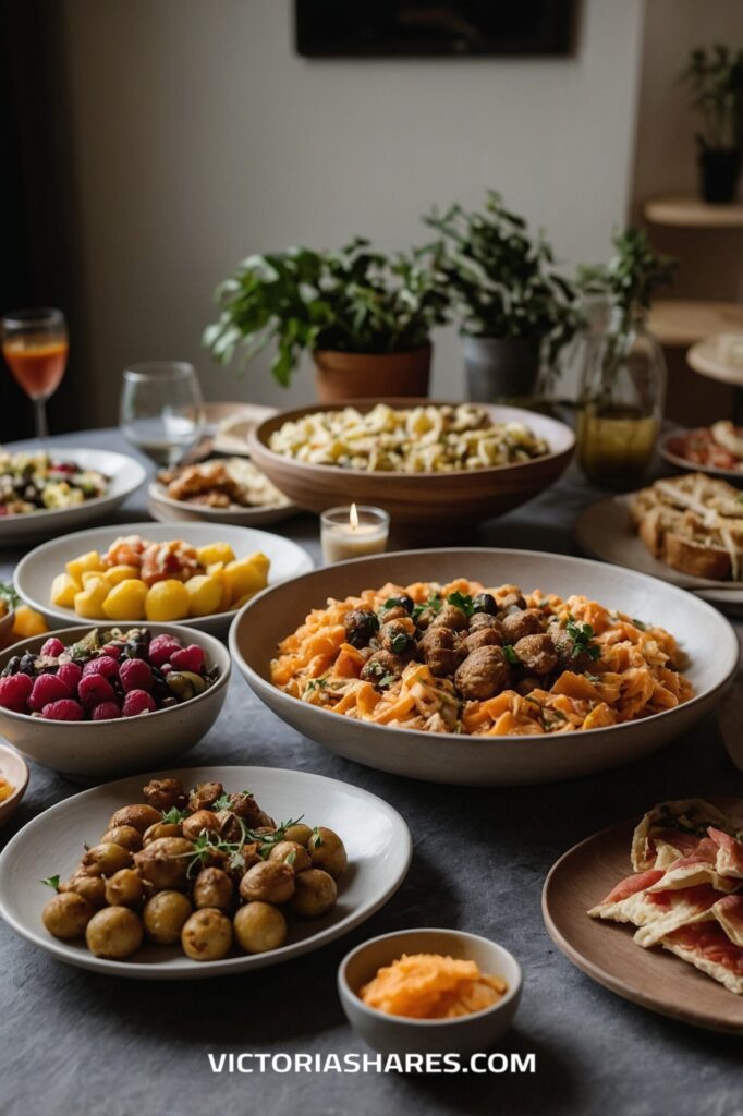 Buffet-style meal featuring various budget-friendly dishes, including pasta, roasted potatoes, fruits, and charcuterie, set on a table in a small apartment.