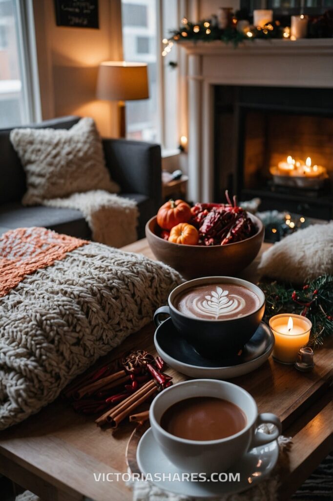 Cozy living room with hot drinks, knit blankets, pumpkins, and candles, creating a warm ambiance by the fireplace during the holiday season. Seasonal Entertaining Ideas for Small Apartments