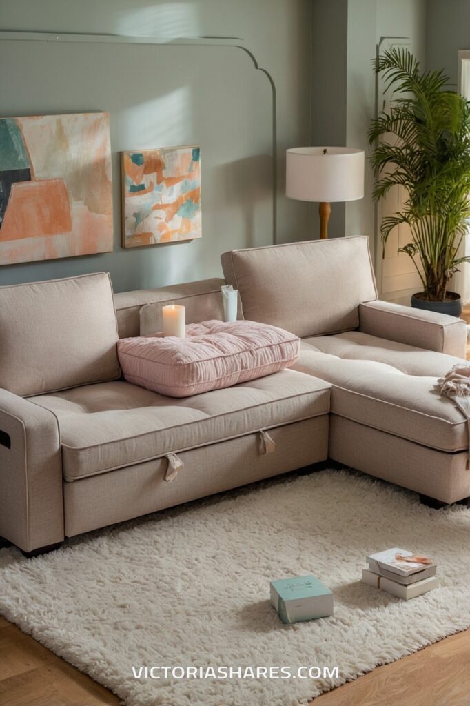 A beige sectional sofa with storage underneath and soft cushions is placed in a cozy living room, perfect for maximizing space in small apartments.