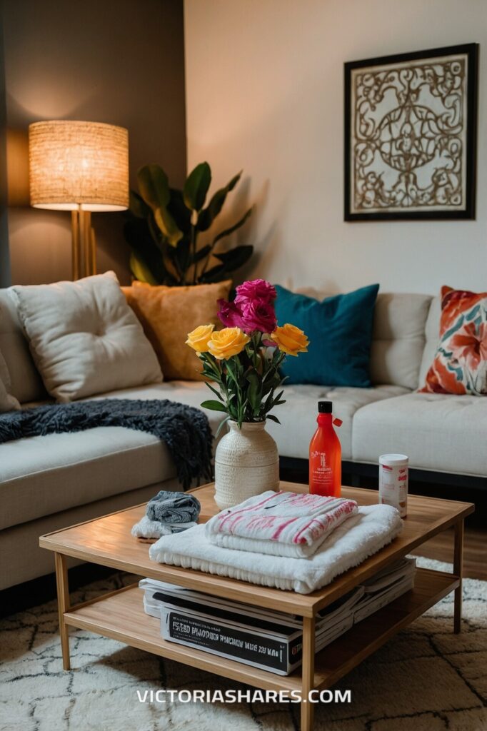 A cozy living room with a coffee table displaying folded towels, a vase of flowers, and cleaning supplies, set near a comfortable couch. Quick Cleanup Tips.