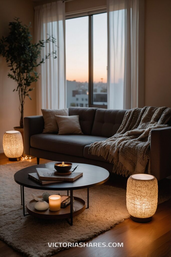 A serene small apartment living room with a gray sofa, soft throw, warm ambient lighting, and candles on a round coffee table, overlooking a sunset view.