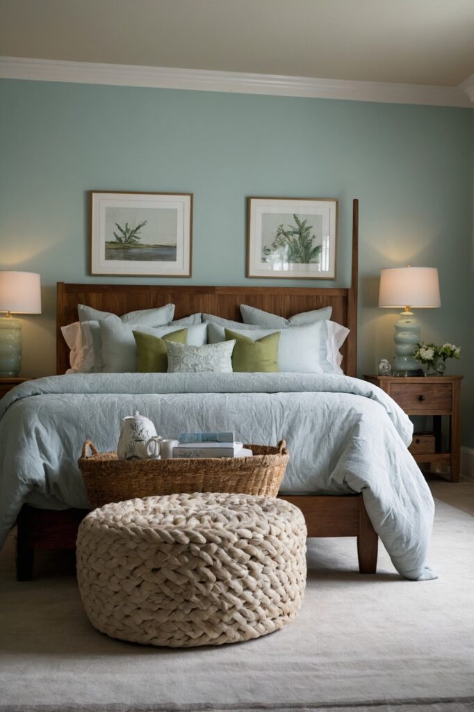 An inviting guest room designed with a neutral and pastel color scheme, walls painted in a soft blue shade, complemented by gentle green accents in the decor, creamy white bedding and a cozy area rug provide warmth and comfort, natural wood furniture and soft lighting complete the serene look, the overall feel is peaceful and conducive to relaxation and sleep