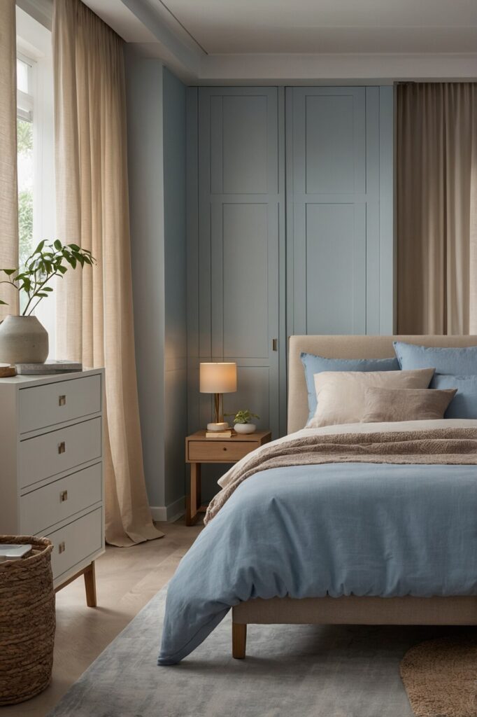 Serene and stylish bedroom with a soothing color palette of soft blues and neutrals. The room features a comfortable bed with light blue bedding and an assortment of plush pillows. A wooden nightstand with a modern lamp adds warmth, while tall, light-colored curtains and a matching built-in wardrobe enhance the calm, airy atmosphere. A small white dresser with a potted plant adds a natural touch, completing the room's tranquil and elegant design.