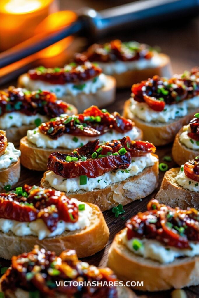 Slices of toasted baguette topped with creamy cheese, sun-dried tomatoes, and fresh chives arranged on a table, ideal for small kitchen entertaining.