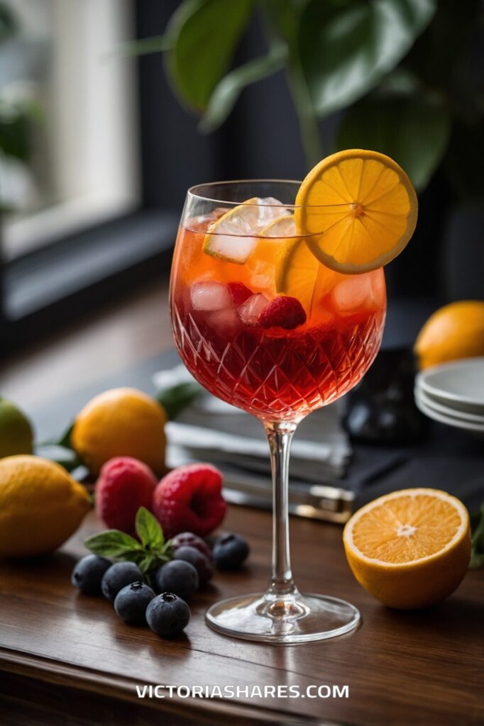 Colorful summer cocktail garnished with a slice of lemon and fresh raspberries, surrounded by fruits and berries on a small table.