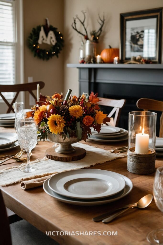 Autumn-themed dining table with elegant place settings, a floral centerpiece with warm colors, and a candlelit mantel decorated for the season. Seasonal Entertaining Ideas for Small Apartments