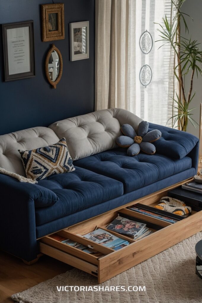 A plush navy and beige tufted sofa with a pull-out storage drawer underneath, containing books and other items, provides a practical seating and storage solution for small apartments.