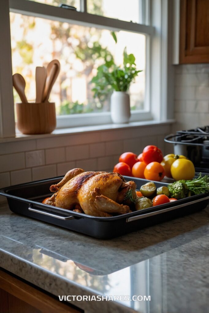 A roasted chicken with vegetables in a black pan on a kitchen counter, with fresh produce and kitchen utensils by the window. Quick Cleanup Tips.