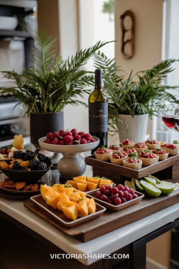 A vibrant small apartment kitchen setup with a variety of fruits, appetizers, and wine, surrounded by lush green plants, creating an inviting atmosphere.