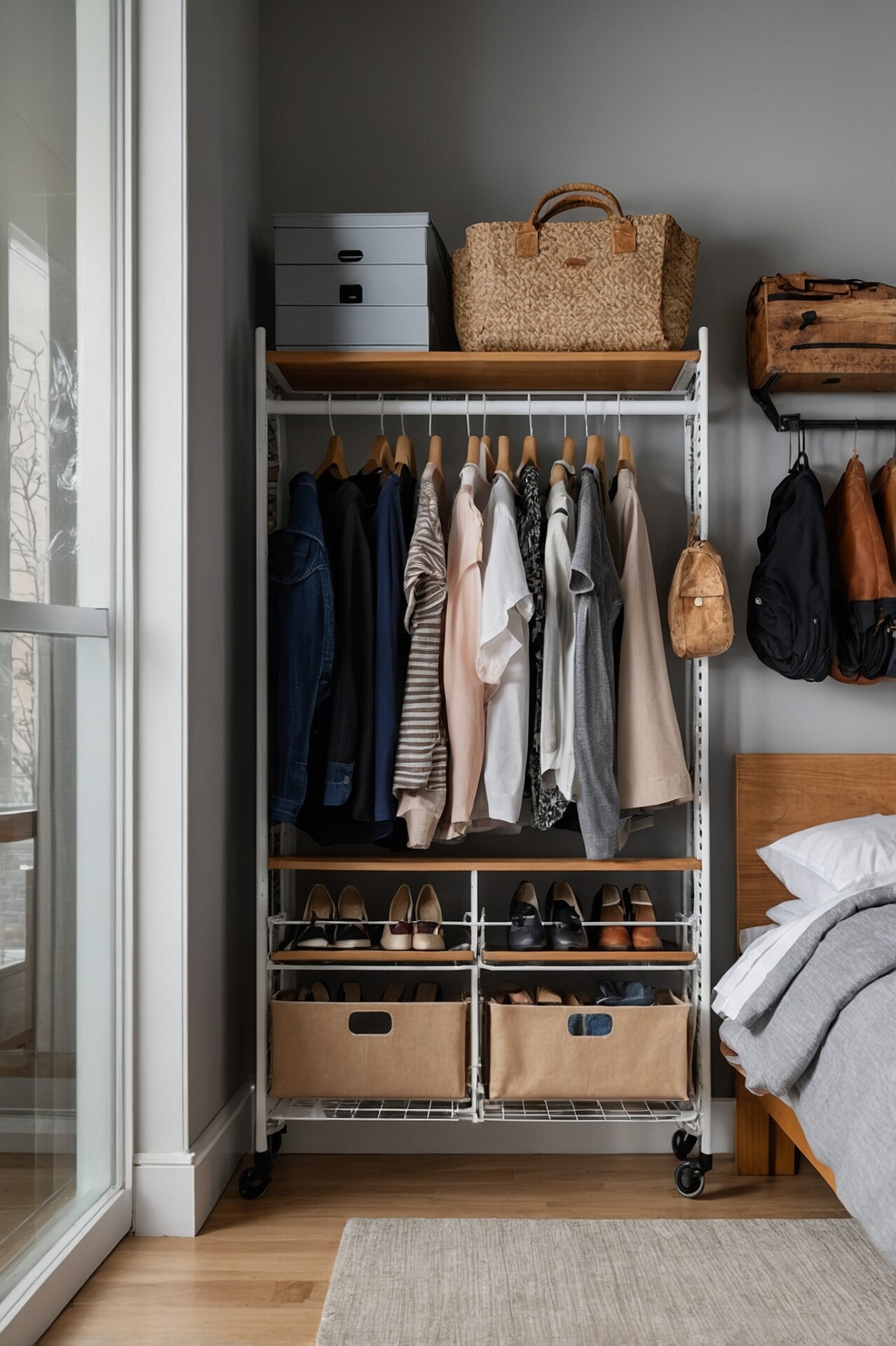 Compact and organized bedroom corner featuring a metal clothing rack with shelves. The rack holds a variety of neatly hung clothes, shoes arranged in rows, and storage bins on the lower shelf. On the top shelf, there are woven baskets and storage boxes. A few leather bags hang on hooks on the adjacent wall, and a neatly made bed with grey bedding is partially visible, creating a functional and tidy space.