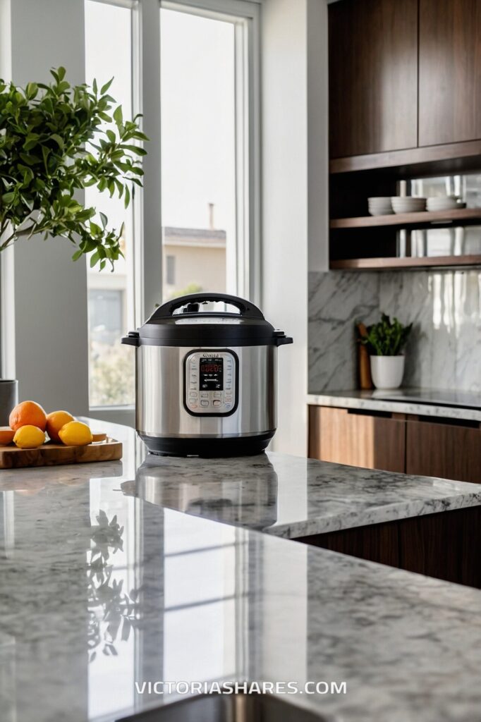 A modern pressure cooker sits on a marble kitchen counter near a tray of fresh citrus fruits, surrounded by natural light in a sleek, small kitchen.