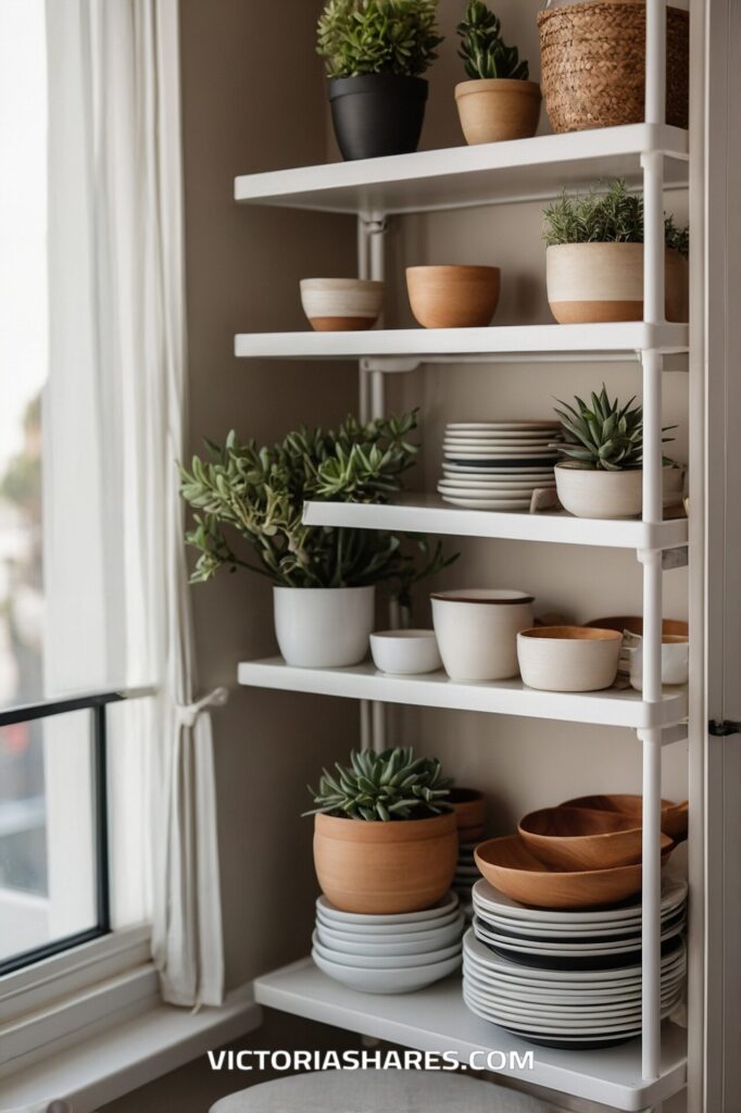 Minimalist open shelving with stacked plates, bowls, and small potted plants, perfect for maximizing storage in a small apartment.