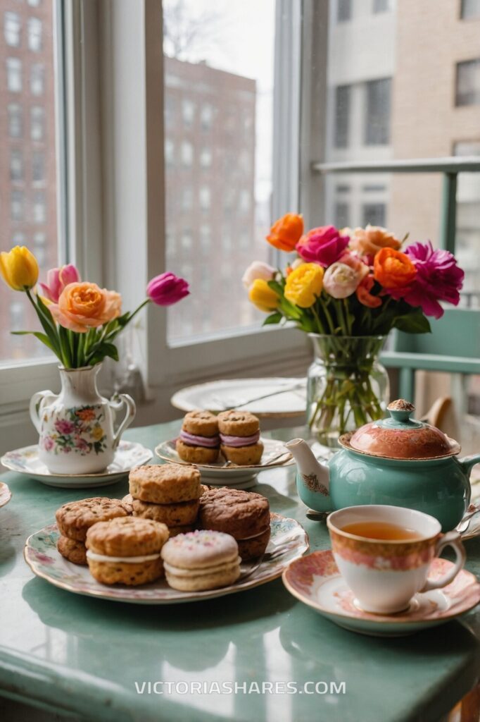 Tea table with vintage teacups, cookies, and macarons, accented by colorful tulip bouquets, set by a bright window in a cozy apartment. Seasonal Entertaining Ideas for Small Apartments