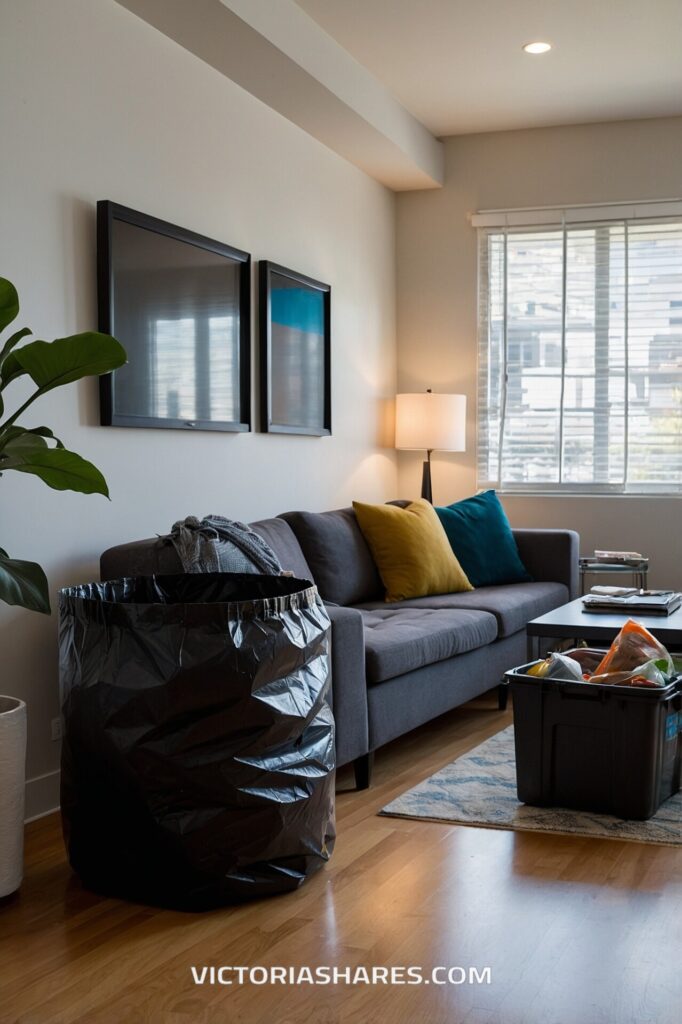 A living room with a large trash bag and a plastic bin filled with items near a gray couch, ready for cleanup. Quick Cleanup Tips.