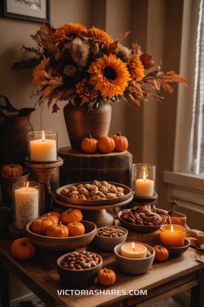 A warm, autumn-themed setup in a small apartment featuring vibrant sunflowers, pumpkins, candles, and bowls of assorted nuts on a wooden table.