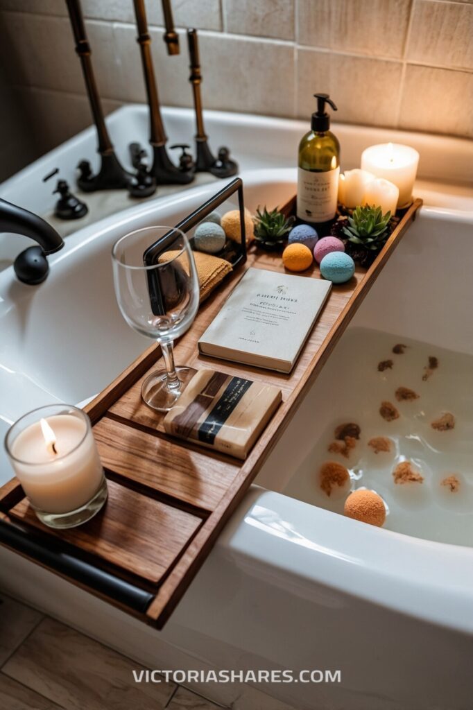 Relaxing small space spa bathtub setup with a wooden tray holding candles, bath bombs, a book, soap, and a wine glass for a serene soak.