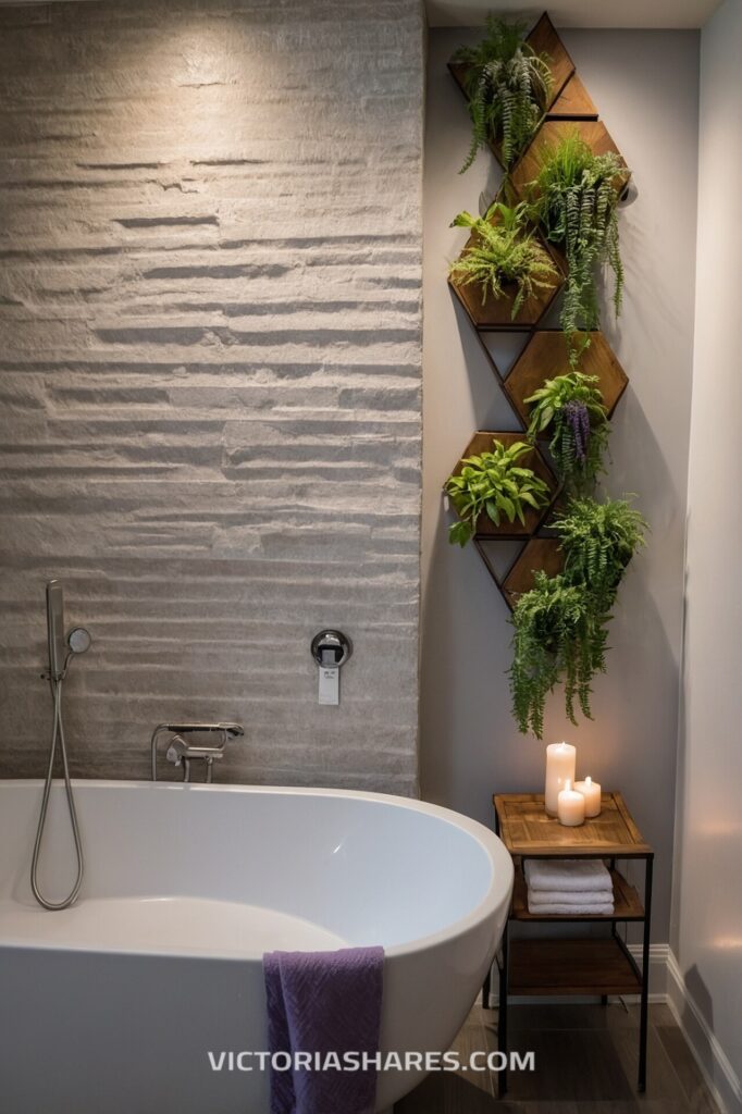 Modern small space spa bathroom with a freestanding tub, textured wall, vertical plant display, candles, and a wooden side table with towels.