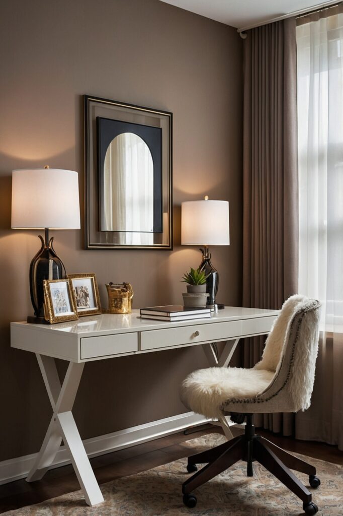 An inviting guest room designed to accommodate work and relaxation, featuring a stylish, compact desk and a plush chair set against a softly colored wall, a desk lamp provides focused lighting for tasks, while a power strip and charging station ensure easy access to power, the workspace is seamlessly integrated into the room's aesthetic, combining functionality with a soothing environment, neutral decor and soft furnishings enhance comfor