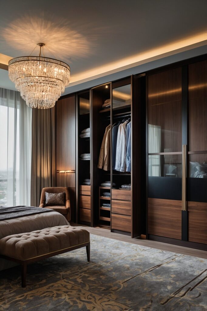 Luxurious and elegantly designed bedroom featuring a spacious wardrobe with dark wood and glass-paneled doors. The wardrobe interior is well-organized with neatly folded clothes and hanging garments. A plush bed with a tufted bench at its foot, an upholstered chair in a corner, and a large, ornate crystal chandelier overhead add a sense of opulence. Soft lighting and a patterned rug further enhance the sophisticated and serene ambiance of the room.