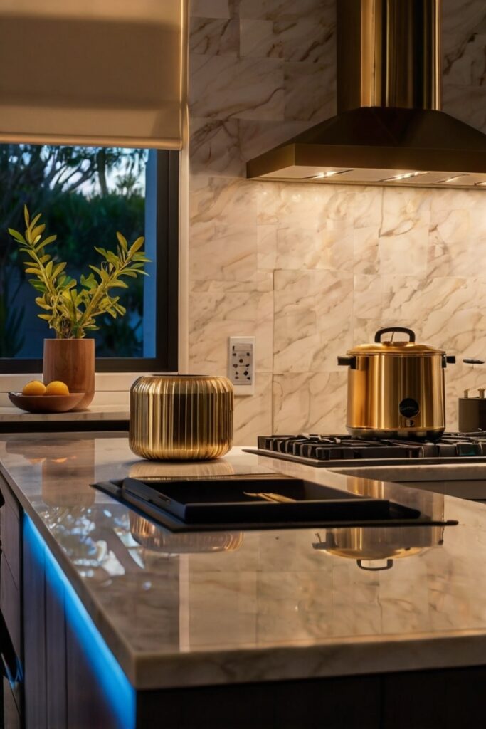 A warm, ambient kitchen with a marble backsplash and gold accents features a pot on the stove and a vase with greenery, creating an inviting atmosphere.