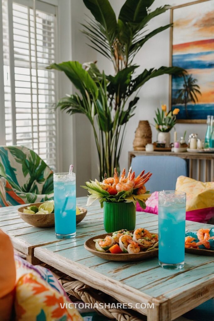 Tropical-themed indoor setup with blue cocktails, shrimp appetizers, and lush greenery, creating a vibrant and refreshing summer vibe. Seasonal Entertaining Ideas for Small Apartments