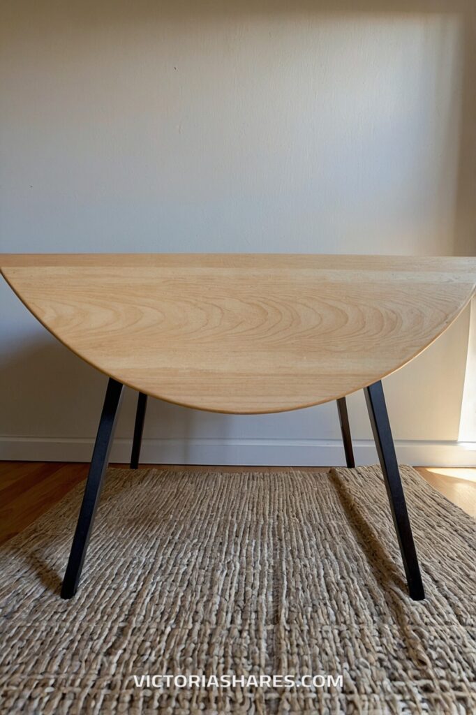 A light wood drop-leaf table with black legs stands on a textured woven rug, offering a space-saving dining or work solution for small apartments.