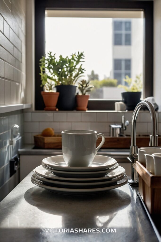 A stack of clean plates with a mug on top sits on a kitchen counter near the sink, with potted plants on the windowsill. 