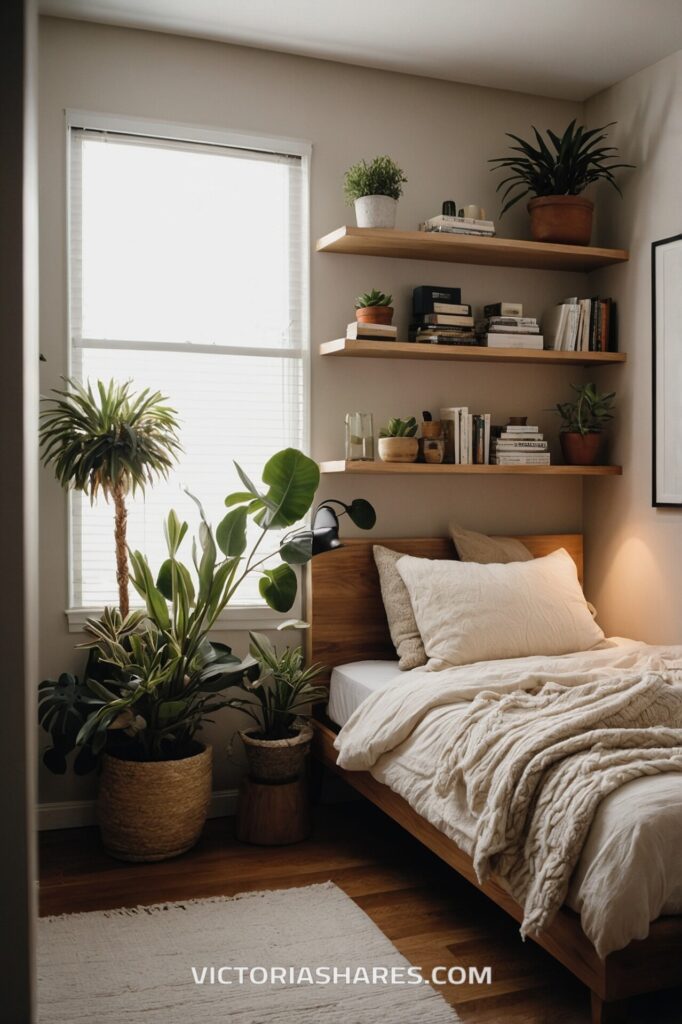 A calming small apartment bedroom with lush indoor plants, a wooden bed, cozy blankets, and floating shelves filled with books and greenery.