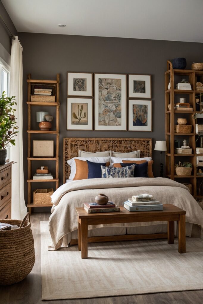 Warm and inviting bedroom with a bohemian touch, featuring a bed with layered neutral and navy bedding against a textured rattan headboard. The walls are decorated with a gallery of botanical and abstract artwork. Wooden shelving units on either side of the bed hold a variety of books, woven baskets, and decorative items. A wooden bench at the foot of the bed and a large wicker basket on the floor add rustic charm, while a potted plant near the window brings a hint of greenery into the cozy, eclectic space.