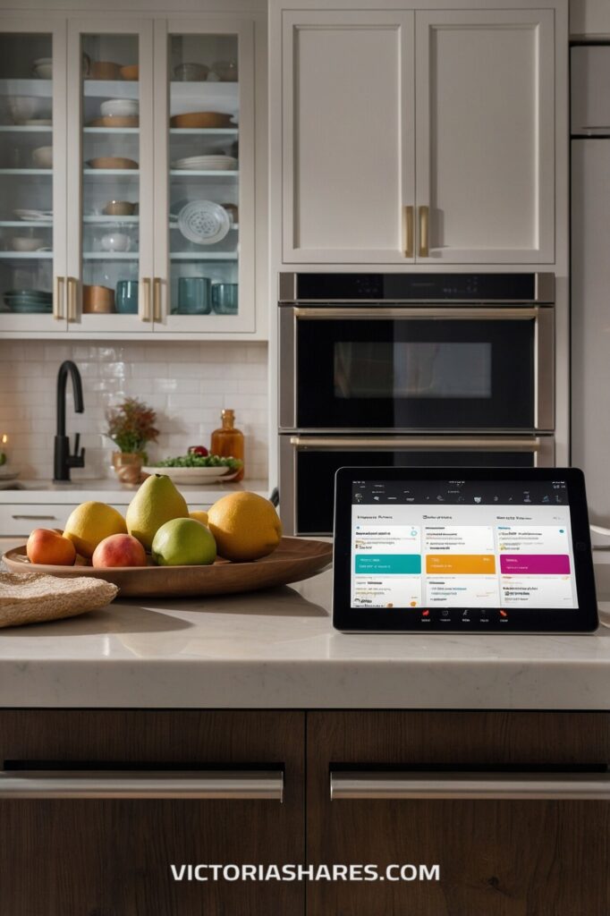 A tablet displaying a cooking app sits on a kitchen counter next to a bowl of fresh fruit, with neatly organized cabinets and a double oven in the background.