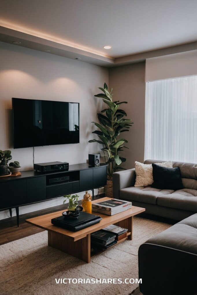 Modern living room in a small apartment featuring a wall-mounted TV, a gray sofa, a wooden coffee table, and a large indoor plant for a minimalist design.